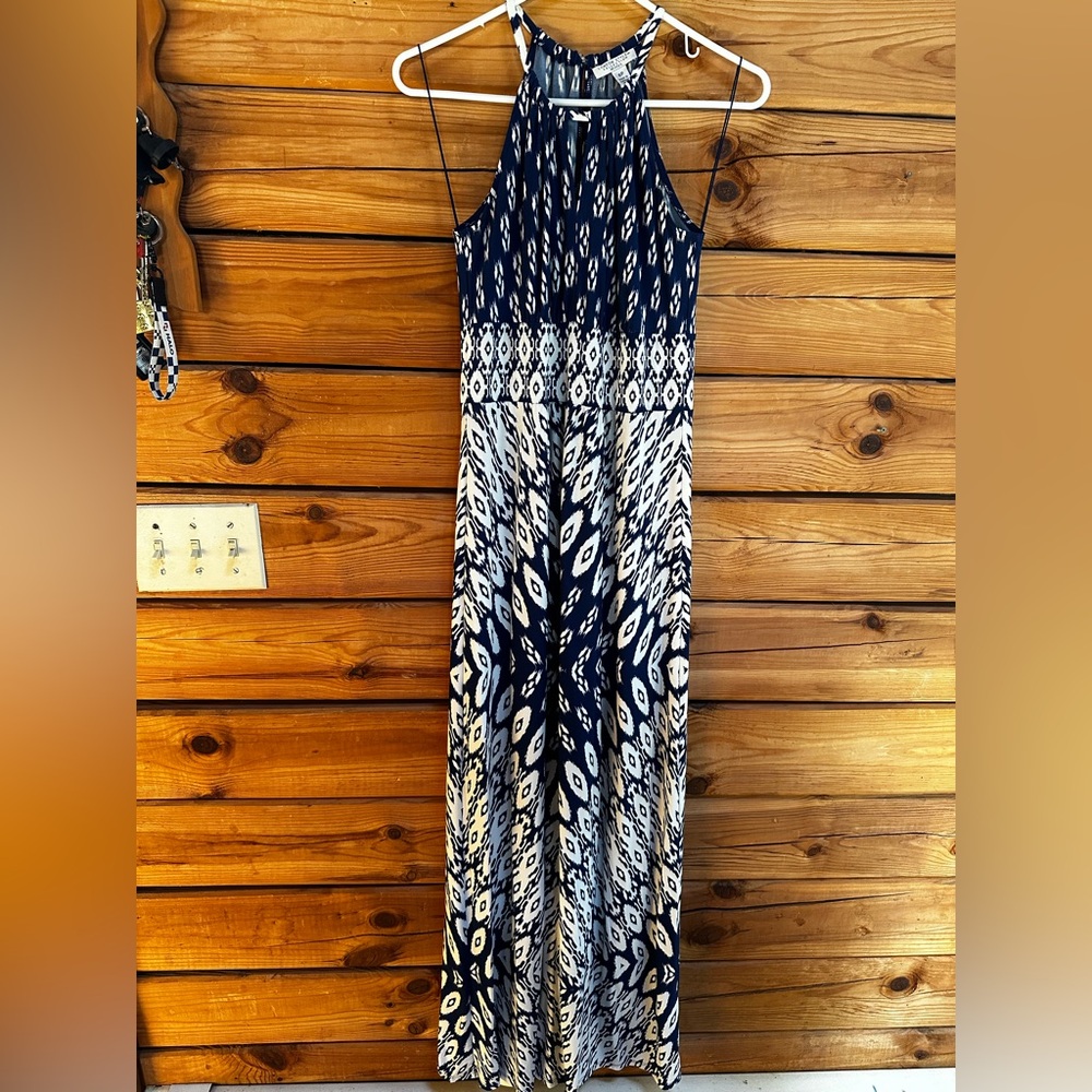 Navy and White Patterned Maxi Dress